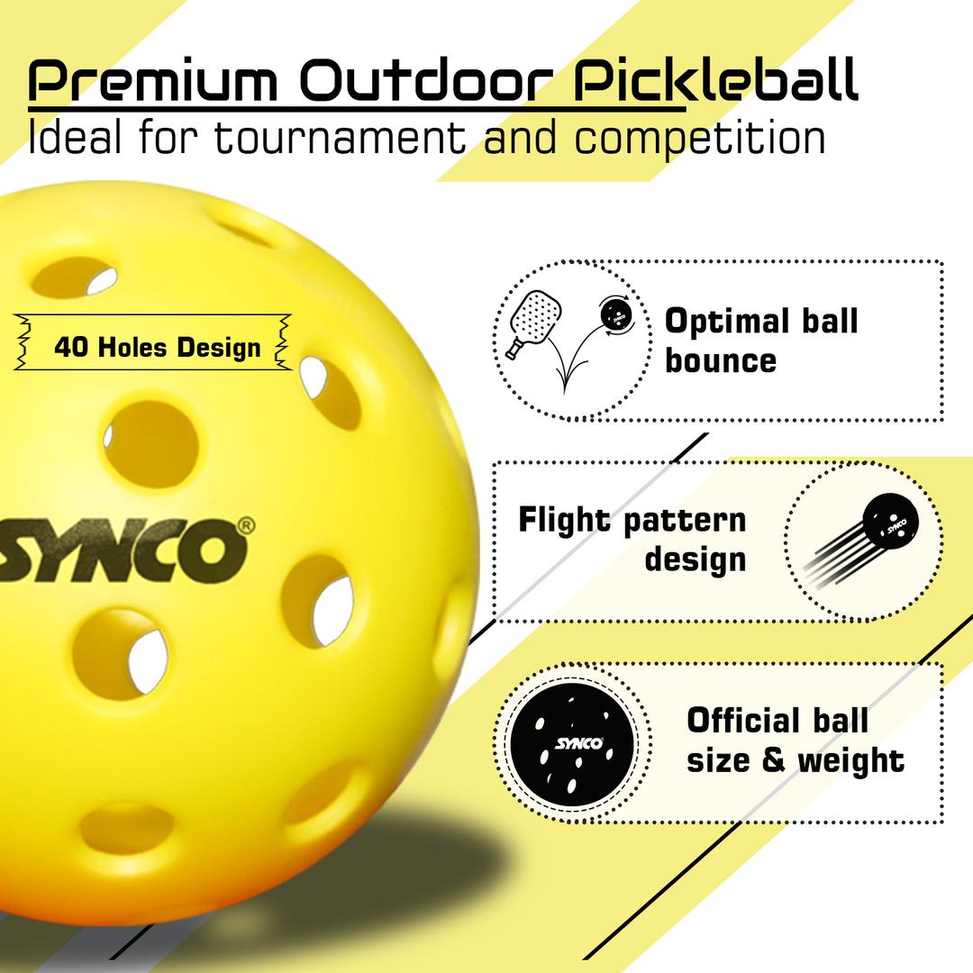 Synco Pickleball Ball S40 - Pack of 6 | High-Performance Outdoor Pickleballs | 40-Hole Durable Design